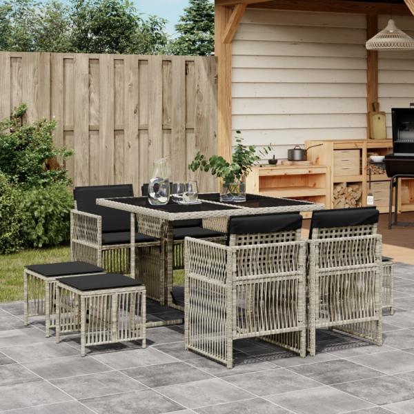 ARDEBO.de - 9-tlg. Garten-Essgruppe mit Kissen Hellgrau Poly Rattan