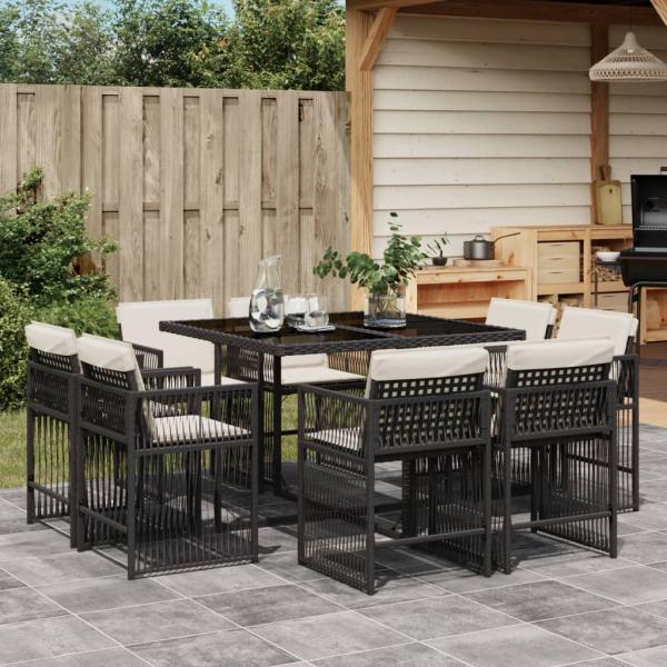 ARDEBO.de - 9-tlg. Garten-Essgruppe mit Kissen Schwarz Poly Rattan