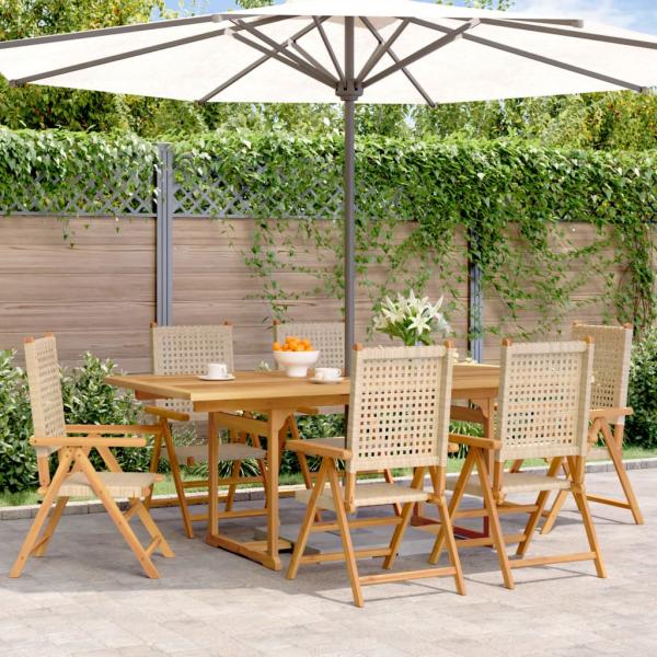 ARDEBO.de - 7-tlg. Garten-Essgruppe Poly Rattan und Massivholz Beige