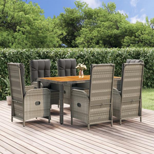 ARDEBO.de - 7-tlg. Garten-Essgruppe mit Kissen Grau Poly Rattan