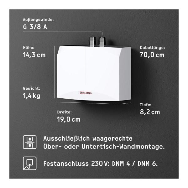 STIEBEL ELTRON DNM 4 Mini-Durchlauferhitzer fürs Handwaschbecken, hydraulisch gesteuert, EEK: A, 4,4 kW, Festanschluss 230v, drucklos (185415)