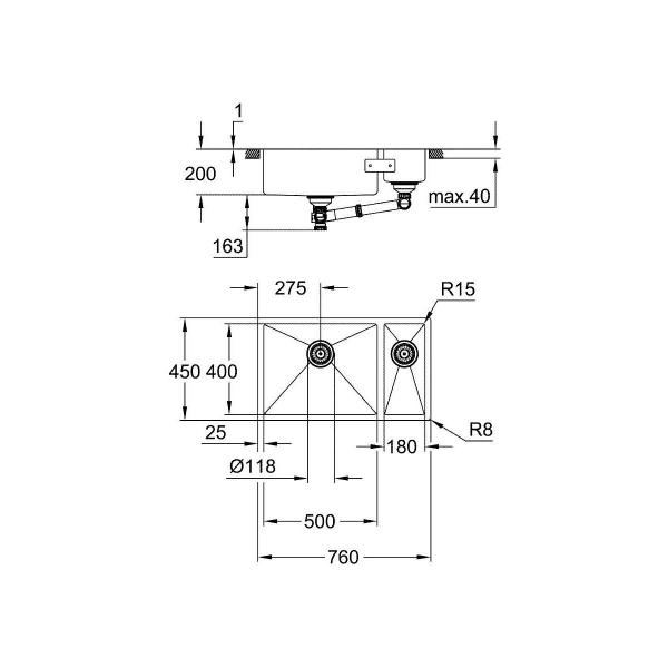 GROHE K700 Unterbau Edelstahlspüle, 760x450mm, 1,5 Becken, Edelstahl (31575SD1)