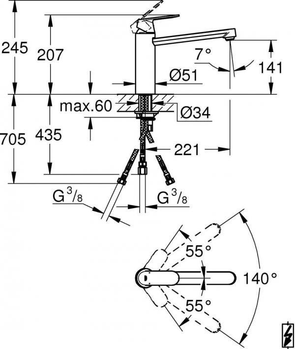 GROHE EH-SPT-Batterie Eurosmart C 30194 Einhebelmischer, Niederdruck, mittelhoher Auslauf, chrom (30194000)