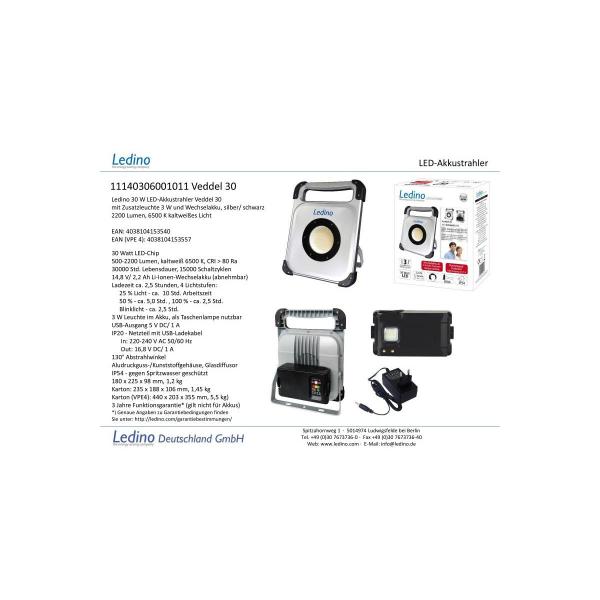 Ledino LED-Akkustrahler 30+3W Veddel30, Li-Ionen Wechselakku (11140306001011)