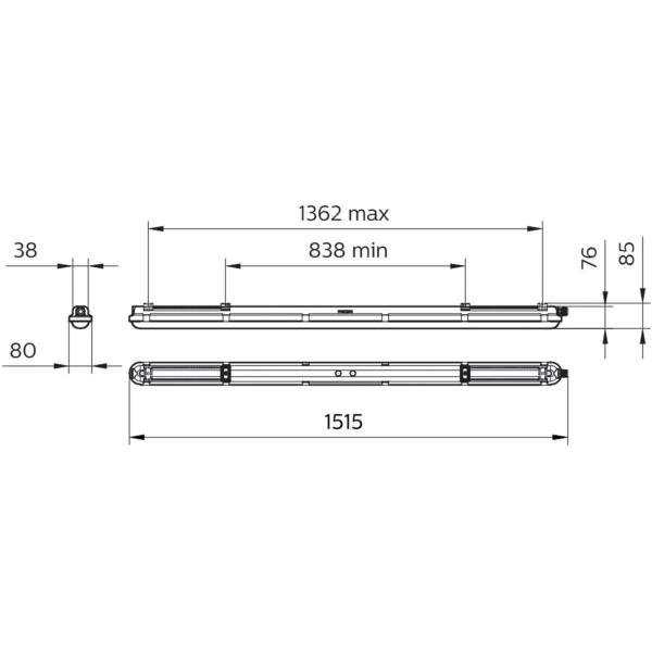 Philips CoreLine LED-Feuchtraumleuchte WT120C G2 LED75S/840 PSU PCO L1500, 57,1W, 7500lm, 4000K, grau (34981799)