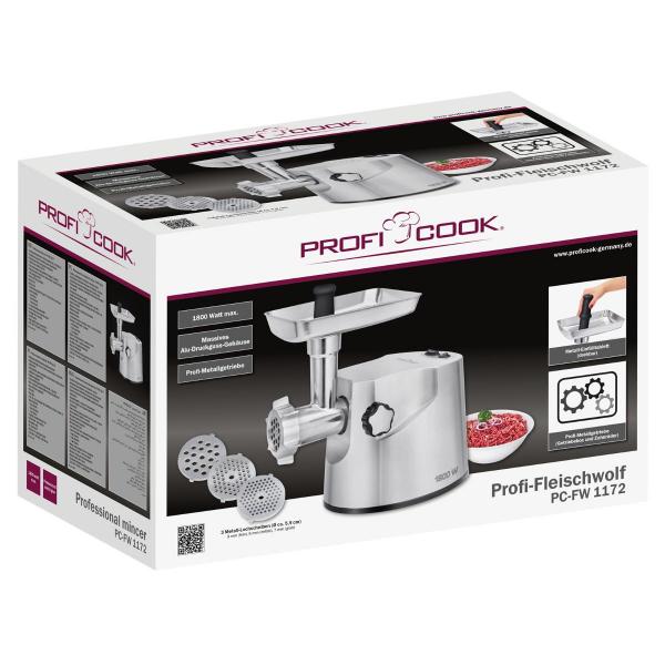 ProfiCook PC-FW 1172  Fleischwolf, 1800 W, 3 Lochscheiben, aluminium (501172)