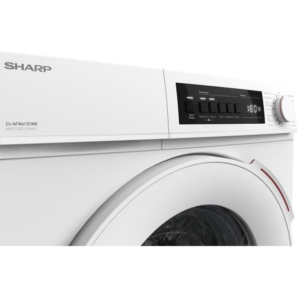 Sharp ES-NFW612CWB-DE 6kg Waschmaschine, 1200U/Min, 60cm breit, AllergySmart, AquaStop, Dampf, weiß