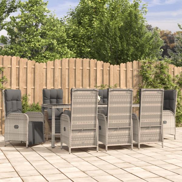 ARDEBO.de - 9-tlg. Garten-Essgruppe mit Kissen Grau Poly Rattan