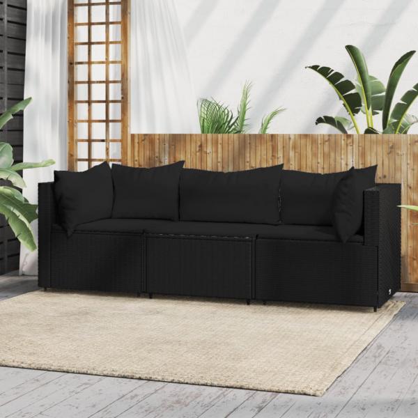 ARDEBO.de - 3-tlg. Garten-Lounge-Set mit Kissen Schwarz Poly Rattan