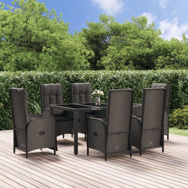 ARDEBO.de - 7-tlg. Garten-Essgruppe mit Kissen Schwarz Poly Rattan