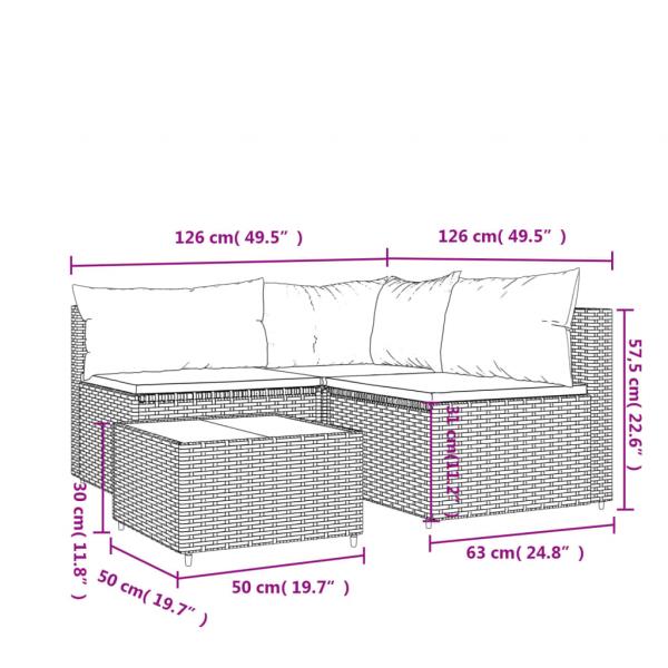 4-tlg. Garten-Lounge-Set mit Kissen Grau Poly Rattan