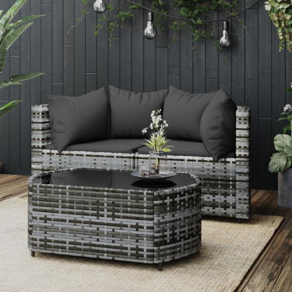 ARDEBO.de - 3-tlg. Garten-Lounge-Set mit Kissen Grau Poly Rattan