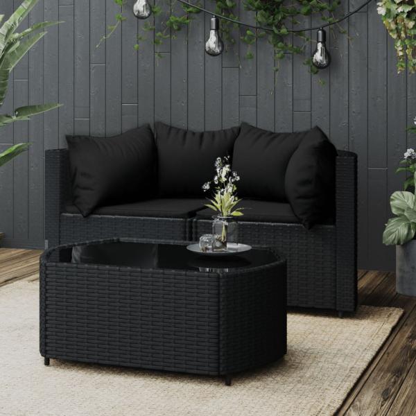 ARDEBO.de - 3-tlg. Garten-Lounge-Set mit Kissen Schwarz Poly Rattan