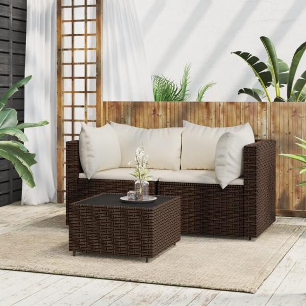 ARDEBO.de - 3-tlg. Garten-Lounge-Set mit Kissen Braun Poly Rattan