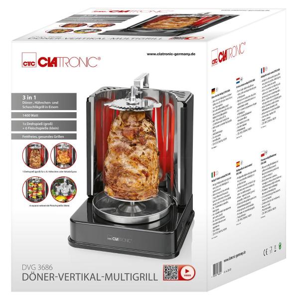 Clatronic DVG 3686 Döner-Vertikal-Multigrill, 1400W, 360° Rotation, schwarz (263831)