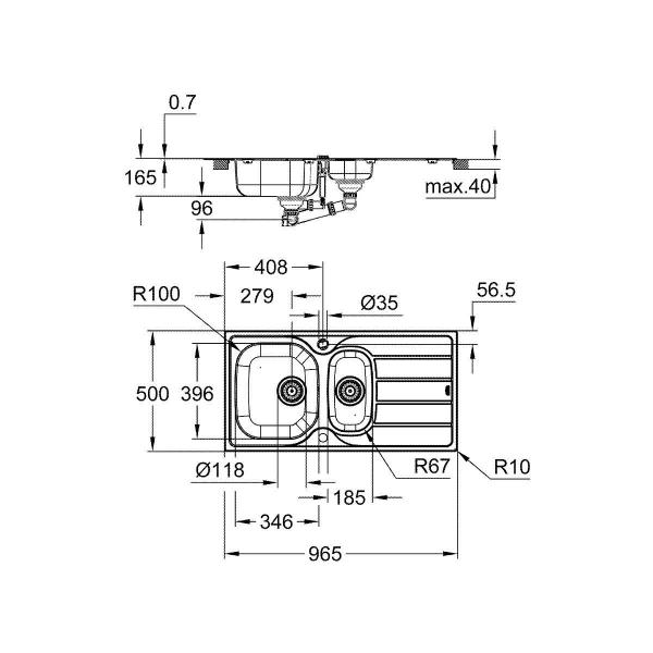 GROHE K200 Edelstahlspüle mit Abtropffläche, 965x500mm, 1,5 Becken, Edelstahl (31564SD1)