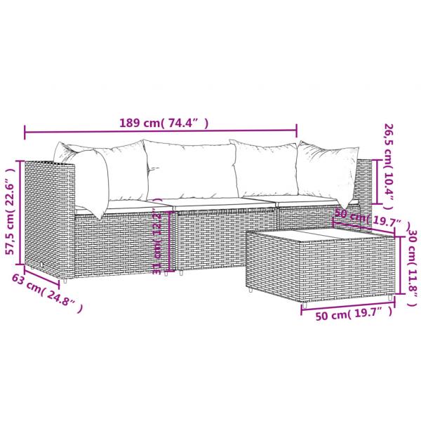 4-tlg. Garten-Lounge-Set mit Kissen Schwarz Poly Rattan