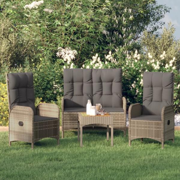 ARDEBO.de - 3-tlg. Garten-Essgruppe mit Kissen Grau Poly Rattan