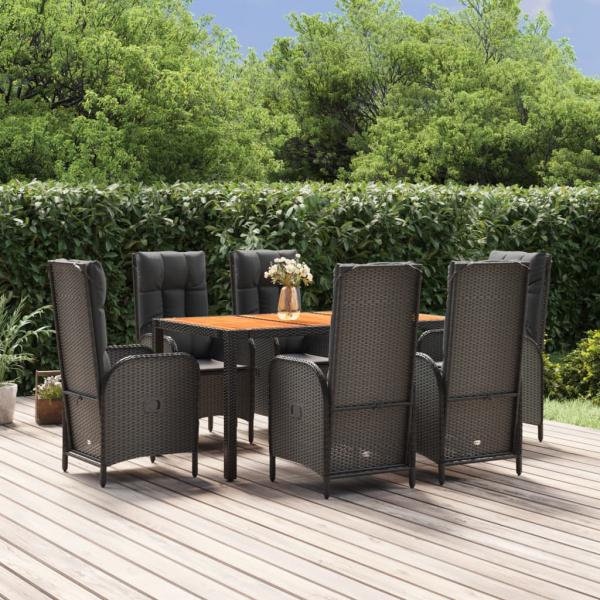 ARDEBO.de - 7-tlg. Garten-Essgruppe mit Kissen Schwarz Poly Rattan