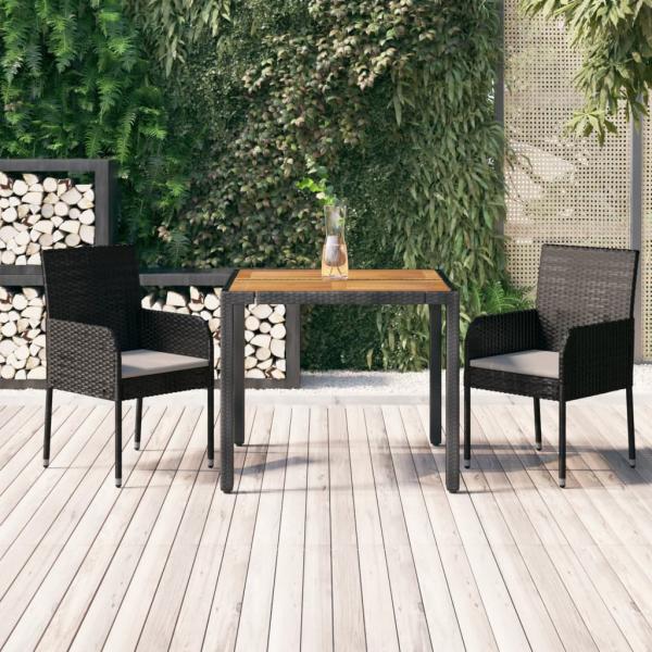 ARDEBO.de - 3-tlg. Garten-Essgruppe mit Kissen Schwarz Poly Rattan