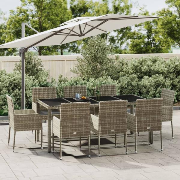 ARDEBO.de - 9-tlg. Garten-Essgruppe mit Kissen Grau Poly Rattan