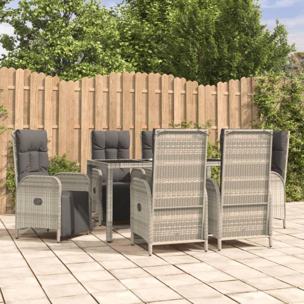 ARDEBO.de - 7-tlg. Garten-Essgruppe mit Kissen Grau Poly Rattan