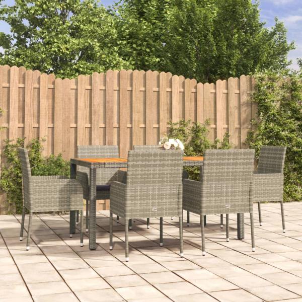 ARDEBO.de - 7-tlg. Garten-Essgruppe mit Kissen Grau Poly Rattan