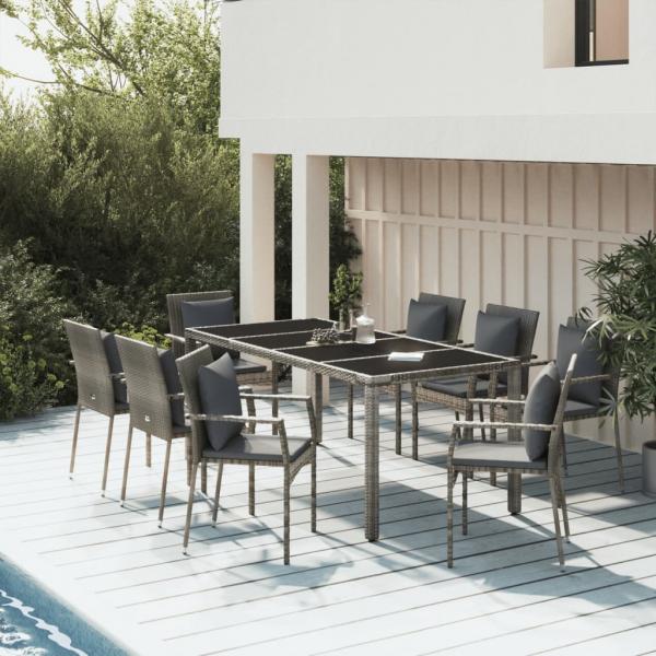 ARDEBO.de - 9-tlg. Garten-Essgruppe mit Kissen Grau Poly Rattan