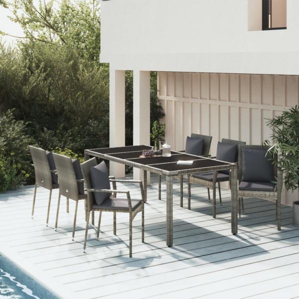 ARDEBO.de - 7-tlg. Garten-Essgruppe mit Kissen Grau Poly Rattan