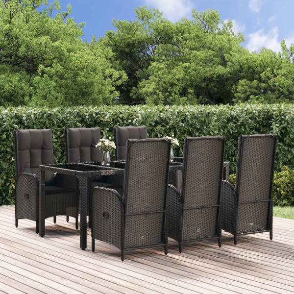 ARDEBO.de - 7-tlg. Garten-Essgruppe mit Kissen Schwarz und Grau Poly Rattan