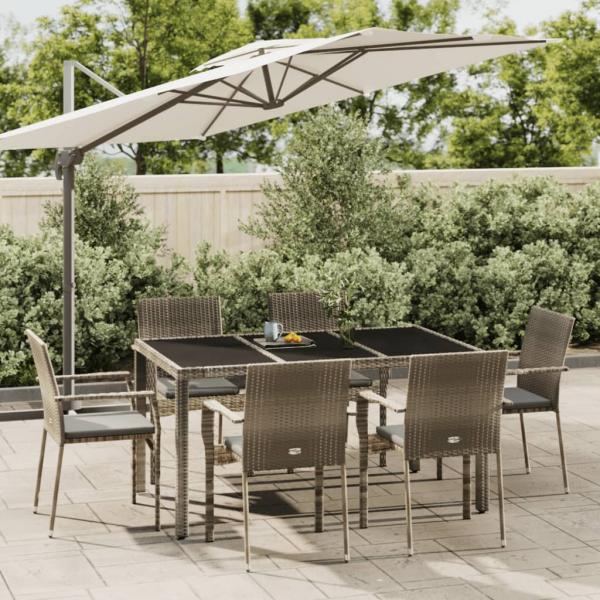 ARDEBO.de - 7-tlg. Garten-Essgruppe mit Kissen Grau Poly Rattan