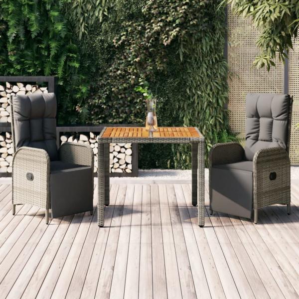 ARDEBO.de - 3-tlg. Garten-Essgruppe mit Kissen Grau Poly Rattan