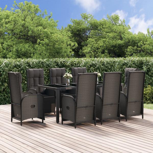 ARDEBO.de - 9-tlg. Garten-Essgruppe mit Kissen Schwarz Poly Rattan