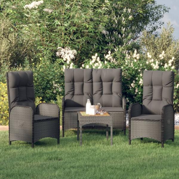 ARDEBO.de - 3-tlg. Garten-Essgruppe mit Kissen Schwarz Poly Rattan