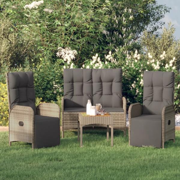 ARDEBO.de - 3-tlg. Garten-Essgruppe mit Kissen Grau Poly Rattan