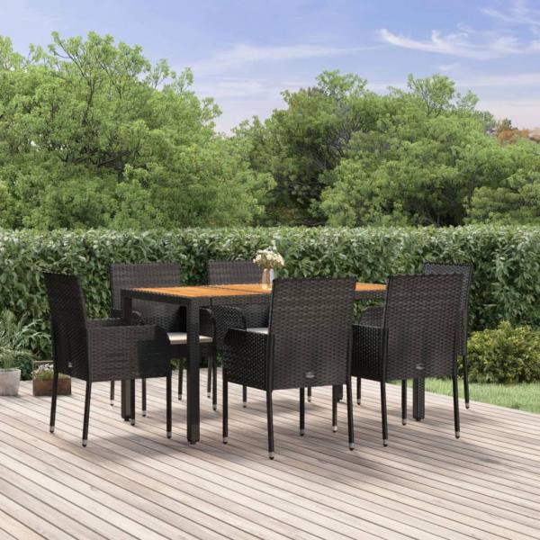 ARDEBO.de - 7-tlg. Garten-Essgruppe mit Kissen Schwarz Poly Rattan