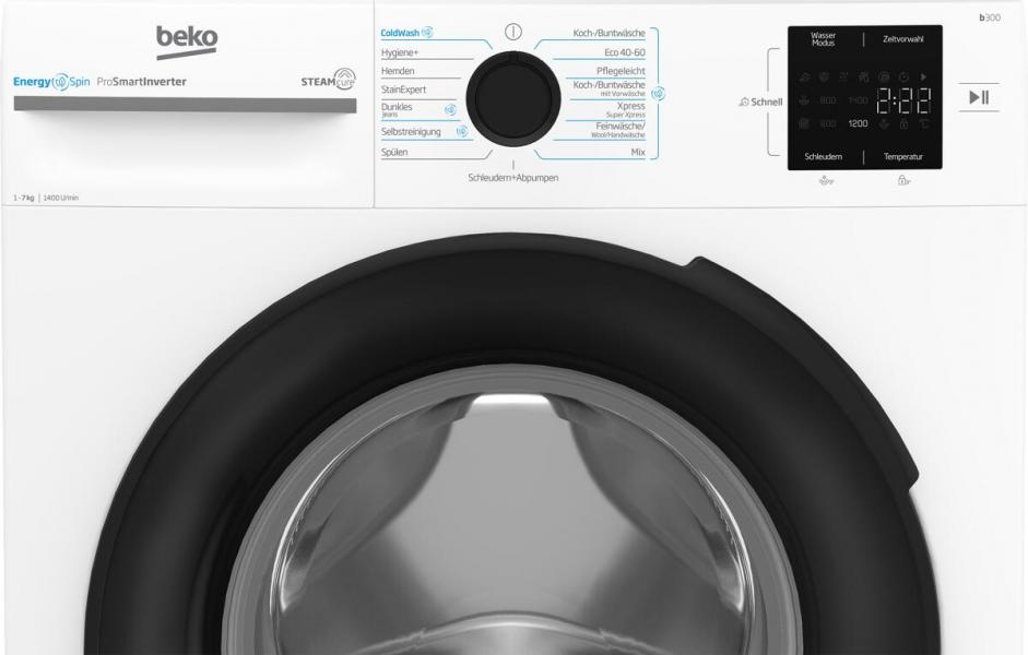 Beko BM3WFU3741X 7 kg Frontlader Waschmaschine, 60 cm breit, 1400 U/Min, Kindersicherung, 15 Programme, SteamCure, weiß