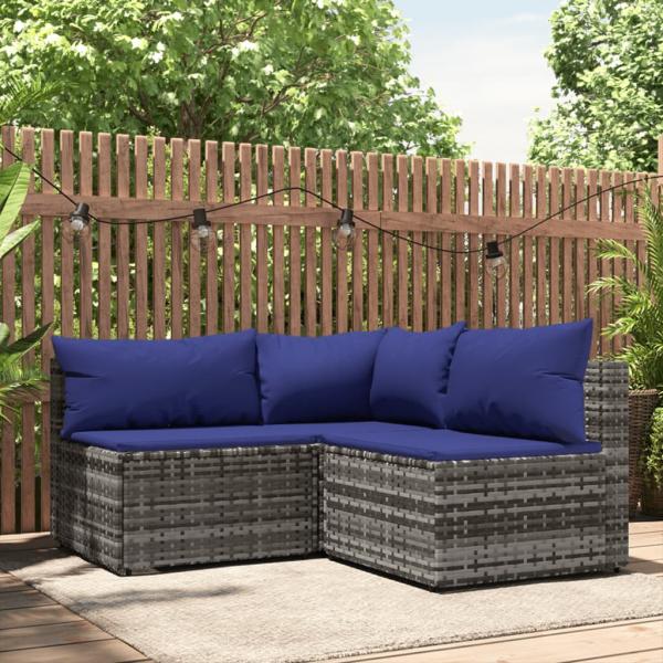 ARDEBO.de - 3-tlg. Garten-Lounge-Set mit Kissen Grau Poly Rattan