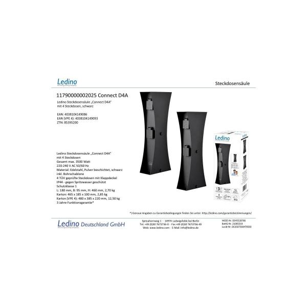 Ledino Connect D4A Steckdosenpfosten 4er, anthrazit, Outdoor (11790000002025)