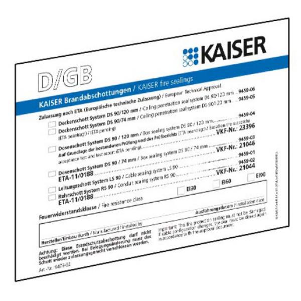 Kaiser 9473-91 Brandschutz Schott-Kennzeichnungsschild, Sprachen D/GB/FR/I, für alle KA (Menge: 10 Stück je Bestelleinheit)