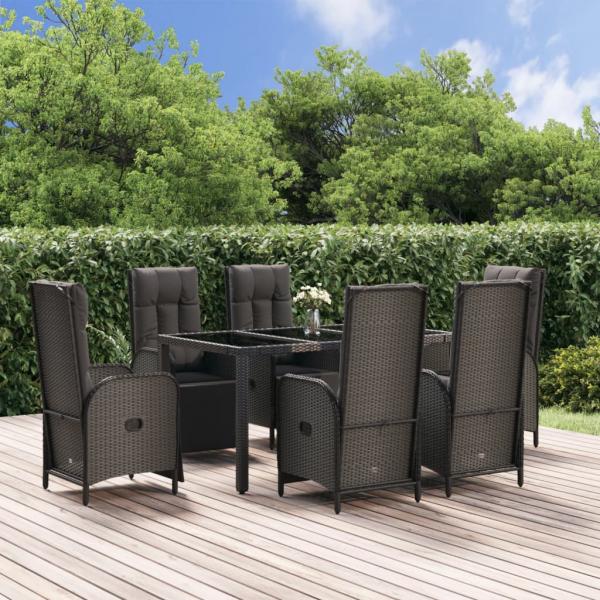 ARDEBO.de - 7-tlg. Garten-Essgruppe mit Kissen Schwarz und Grau Poly Rattan