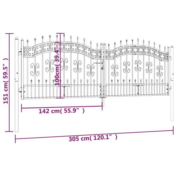 Zauntor mit Speerspitzen Schwarz 305x151 cm Stahl