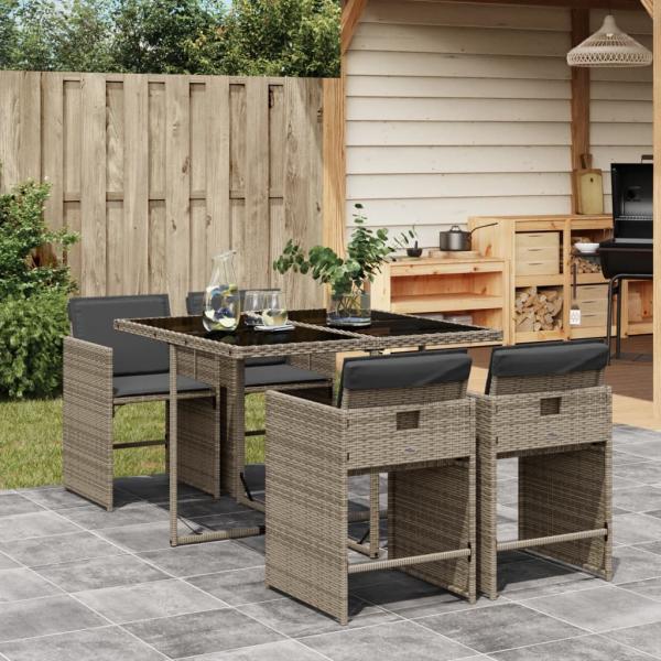 ARDEBO.de - 5-tlg. Garten-Essgruppe mit Kissen Grau Poly Rattan