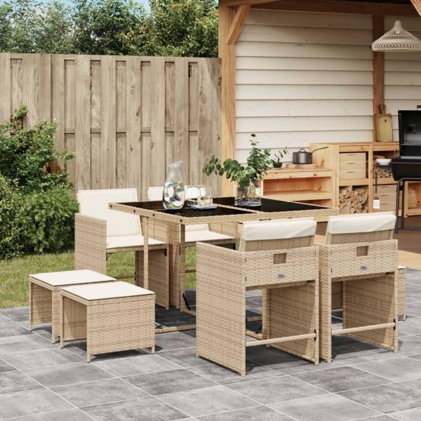 ARDEBO.de - 9-tlg. Garten-Essgruppe mit Kissen Beige Poly Rattan