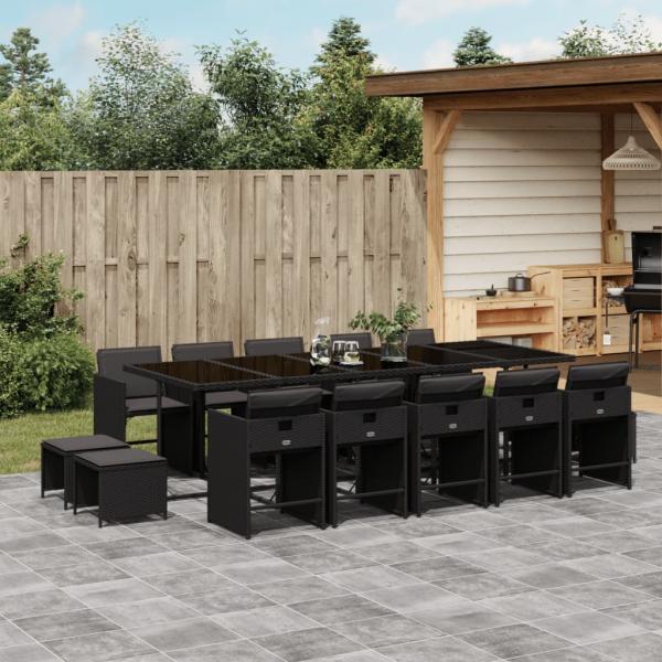 ARDEBO.de - 15-tlg. Garten-Essgruppe mit Kissen Schwarz Poly Rattan