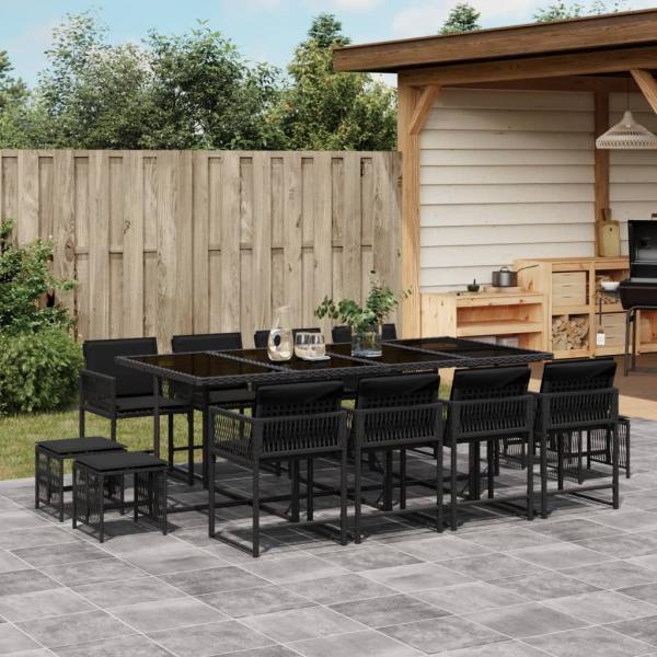 ARDEBO.de - 13-tlg. Garten-Essgruppe mit Kissen Schwarz Poly Rattan