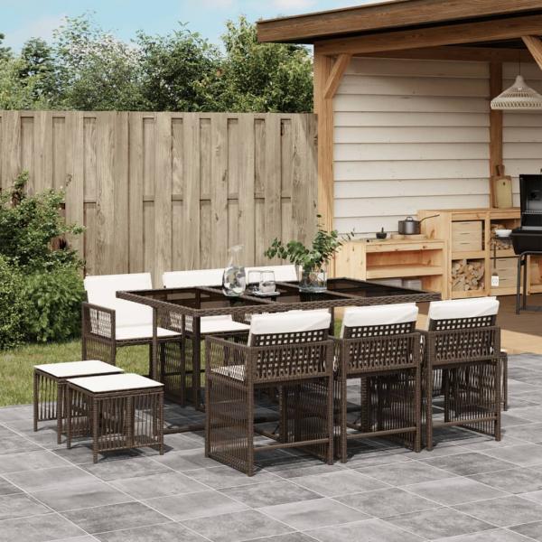 ARDEBO.de - 11-tlg. Garten-Essgruppe mit Kissen Braun Poly Rattan