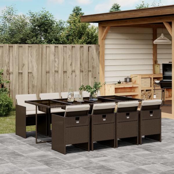 ARDEBO.de - 9-tlg. Garten-Essgruppe mit Kissen Braun Poly Rattan