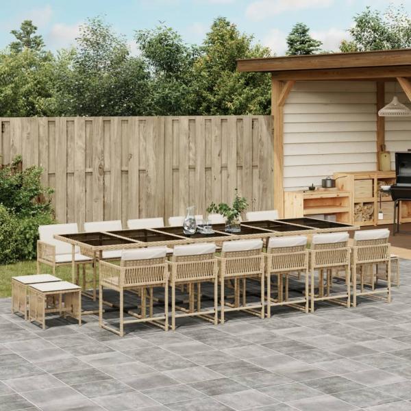 ARDEBO.de - 17-tlg. Garten-Essgruppe mit Kissen Beige Poly Rattan