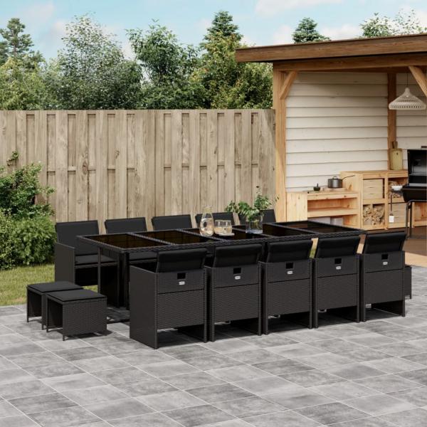 ARDEBO.de - 15-tlg. Garten-Essgruppe mit Kissen Schwarz Poly Rattan